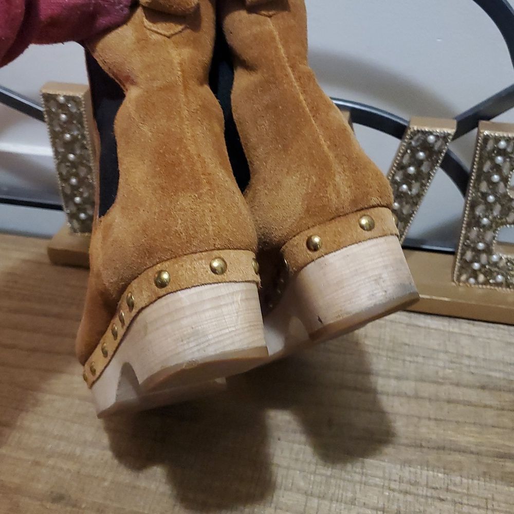 J. Crew Womens Suede Faux-fur Lined Wooden Clog Platform Chelsea Boots Sz 6 Boho - Picture 9 of 11